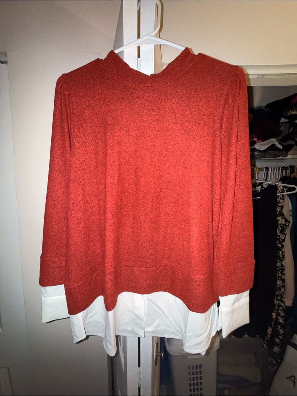 NY Collection Red Long Sleeve Top with White Layered Hem Detail